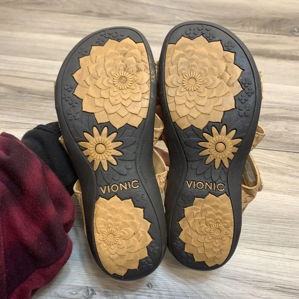 Vionic Womens Size 6 37 Amber Tan Leather‎ Comfort Adjustable Strap Sandals